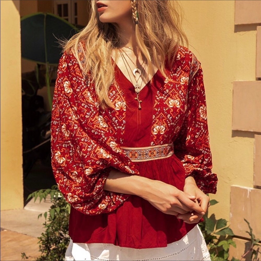 Red Boho Print Peasant Top LAST ONE